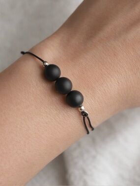 Matte Black Beaded Bolero Bracelet Minimalist Unisex Silver Tone Adjustable